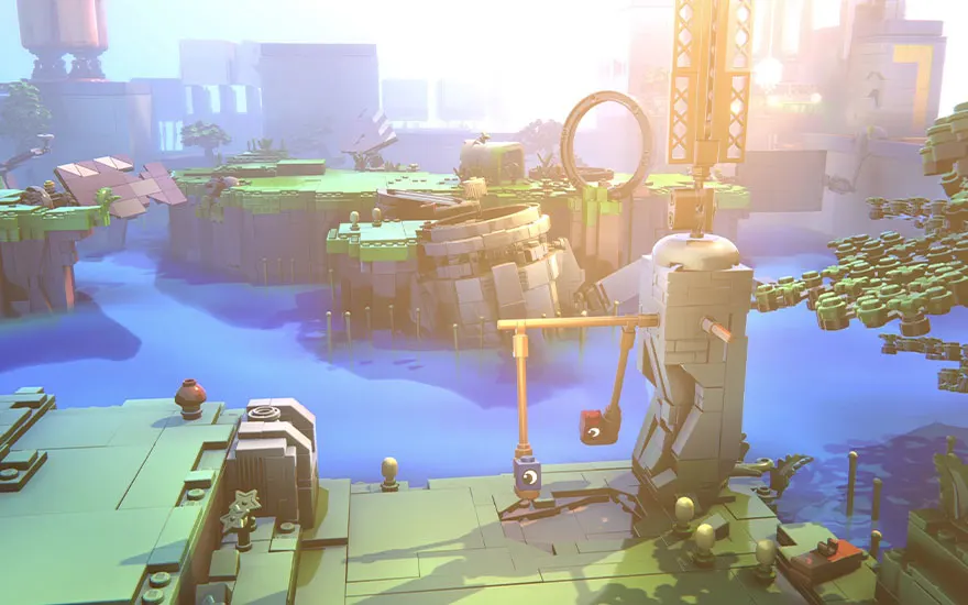 Een mystieke LEGO-achtige wereld met gouden zonlicht, blauwe wateren en groene platforms. Een figuur staat bij een houten constructie in de mist.