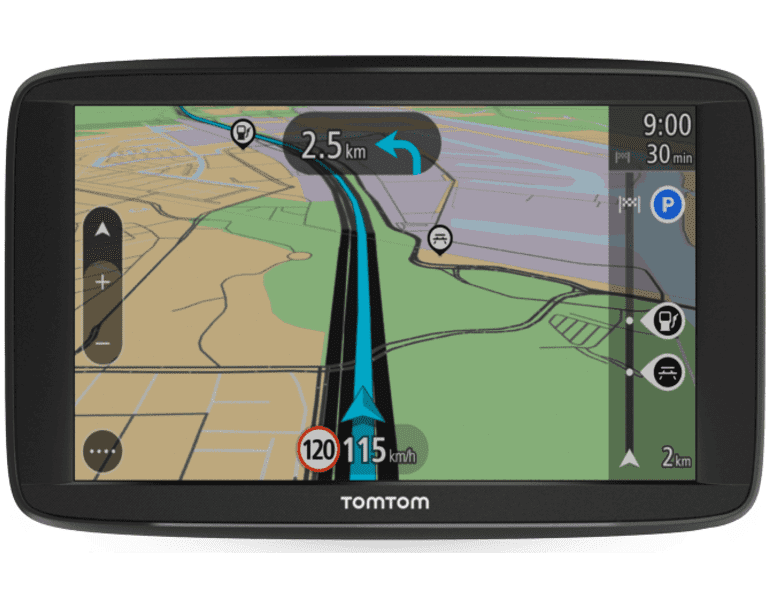 Zwart TomTom navigatiesysteem toont een kaart met een blauwe route, een blauwe pijl, en tekst die afstand en snelheid aangeeft.