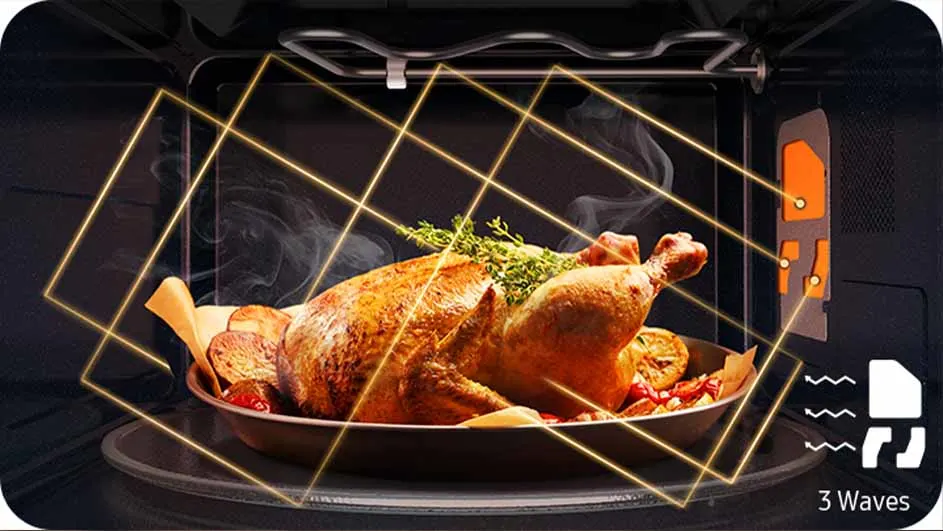 Gebraden kip op een schaal in een oven met grafische golven.