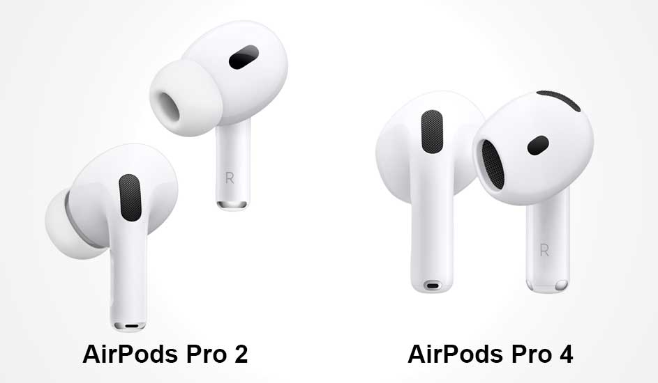 Twee witte in‑ear oordopjes AirPods Pro 2 links, twee AirPods Pro 4 rechts, minimalistische productfoto.