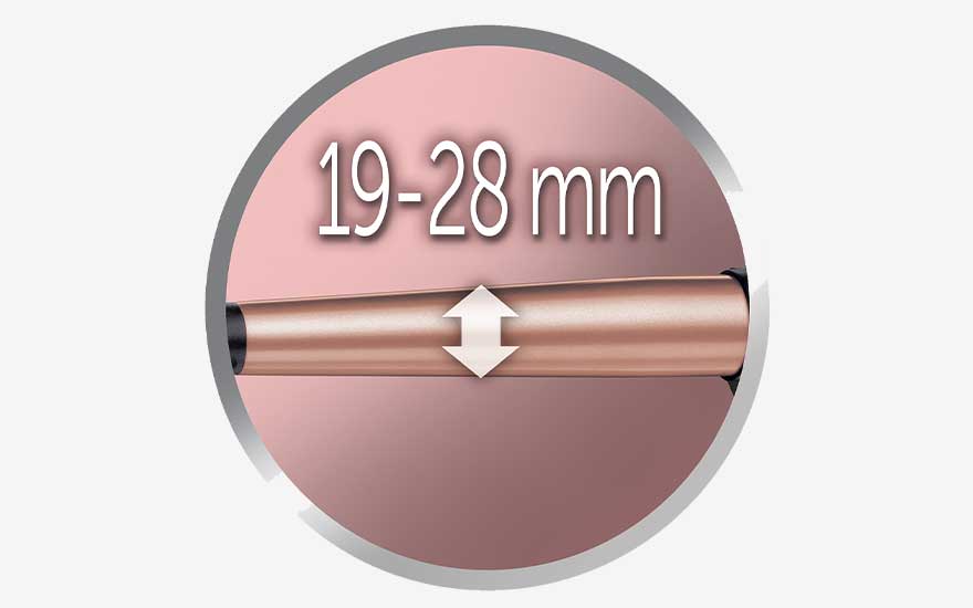 Roségouden krultang met diameter van 19-28 mm, getoond in een ronde afbeelding met pijlen die de afmeting aangeven.