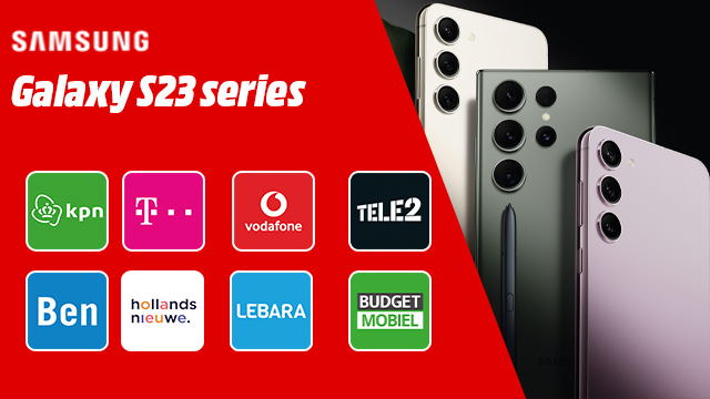 Drie Samsung Galaxy S23 telefoons in wit, groen en paars, naast logo's van KPN, T-Mobile, Vodafone, Tele2, Ben, Hollandsnieuwe, Lebara en Budget Mobiel.