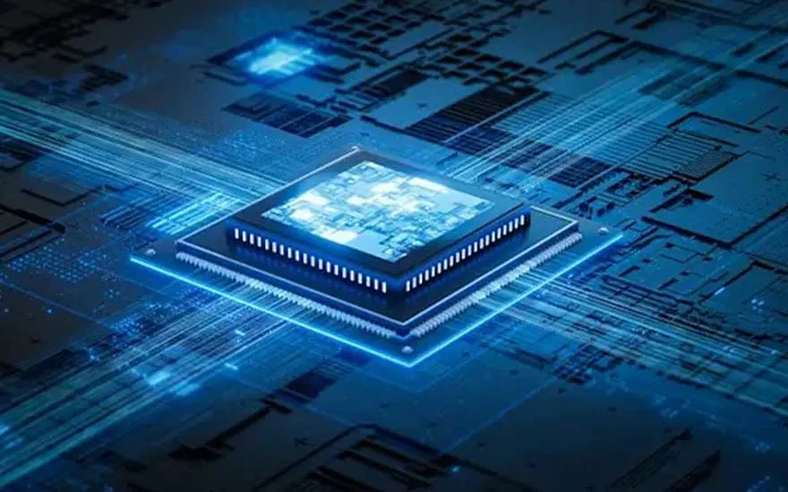Digitale illustratie van een verlicht computerchip op een blauw printplaat patroon, symboliseert snelle en geavanceerde technologie.
