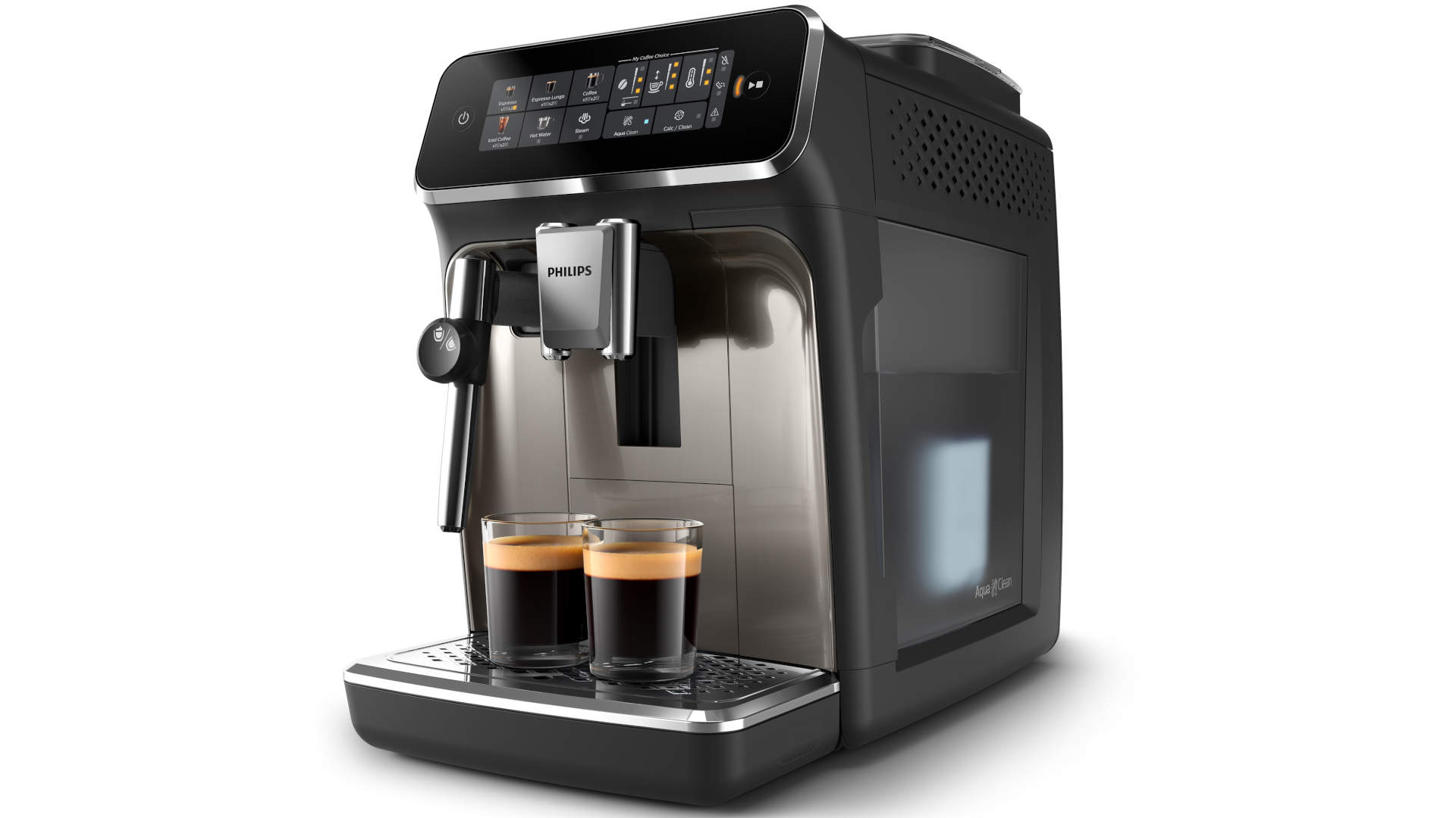 Een Philips koffiemachine met twee glazen espresso op een grijze lekbak. Het apparaat heeft een zwart bedieningspaneel.