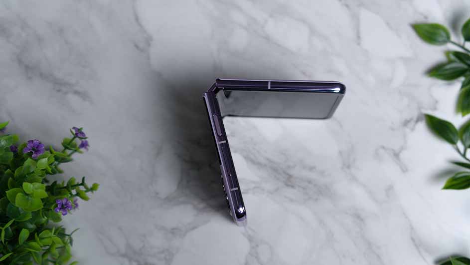 Een paarse opvouwbare telefoon staat open op een gemarmerde achtergrond, met planten links en rechts.