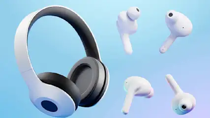 Witte hoofdtelefoon en oordopjes zweven voor een blauwe achtergrond. De hoofdtelefoon heeft grijze oorkussens.