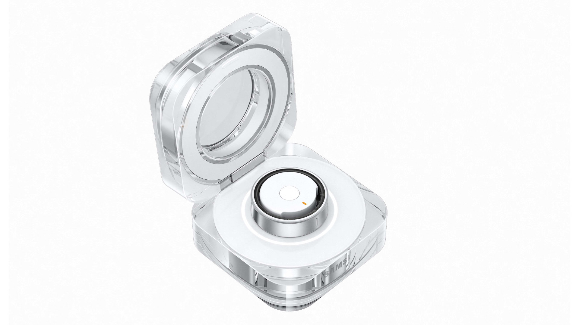 Doorzichtige, vierkante oplaadcase staat open, met een ronde draadloze oordop met zilveren rand erin, tegen een witte achtergrond.