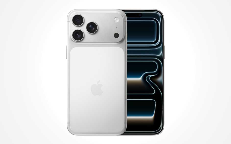 Een zilver-witte smartphone met drie grote lenzen en flitser, Apple-logo op de rug; erachter een scherm met donkerblauwe lijnen.