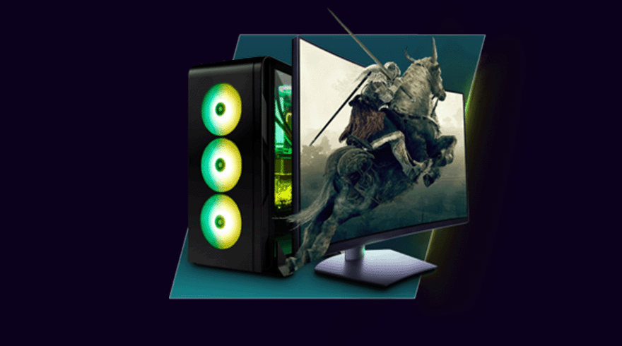 Een zwarte computerkast met drie groen-gele ventilatoren naast een monitor met een ruiter te paard.