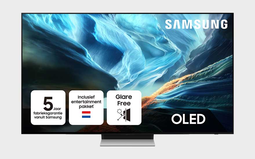 Een Samsung OLED-tv toont een abstract ijzig landschap, met pictogrammen voor garantie, entertainmentpakket en glare free.