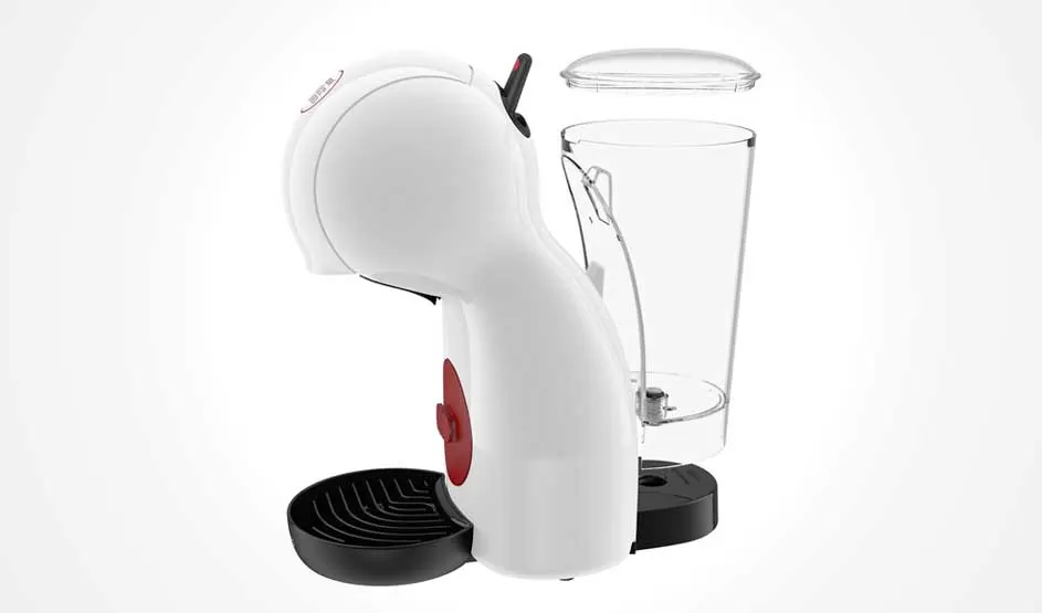 Op de afbeelding zie je een witte KRUPS NESCAFÉ Dolce Gusto koffiemachine met een losse, doorzichtige watertank en zwart lekrooster.