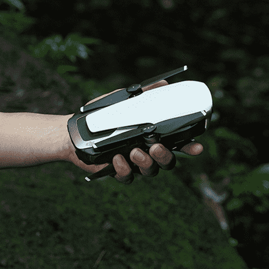 Een hand houdt een witte en zwarte opvouwbare drone vast tegen een achtergrond van donker groen gebladerte.