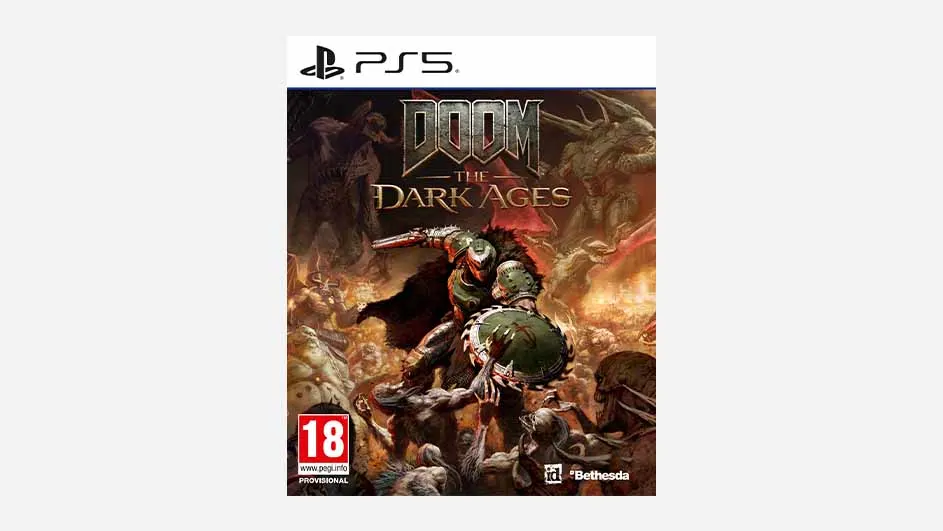 Een PS5-gamehoes voor 'Doom: The Dark Ages', met een actievolle scène van een gepantserde figuur omringd door monsters.