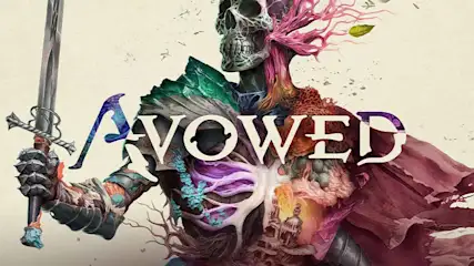 Een afbeelding van een skeletachtige figuur in harnas met een zwaard, voor de tekst "AVOWED".