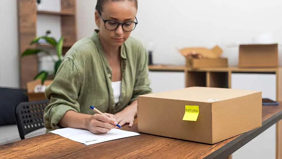 Vrouw met bril schrijft op papier naast een kartonnen doos met een geel briefje 'retour', zittend aan een houten bureau.