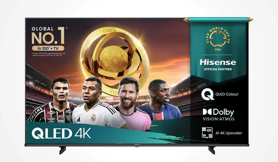 A Hisense QLED 4K television displays four footballers and a golden FIFA World Cup trophy. "Global No 1 in 100" TV" badge. Official FIFA World Cup partner. Dolby Vision Atmos and AI 4K Upscaler technology.