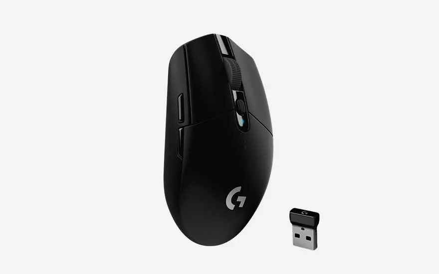 Black wireless gaming mouse with scroll wheel and extra buttons stands beside a small USB receiver, shown cleanly on a white backdrop.