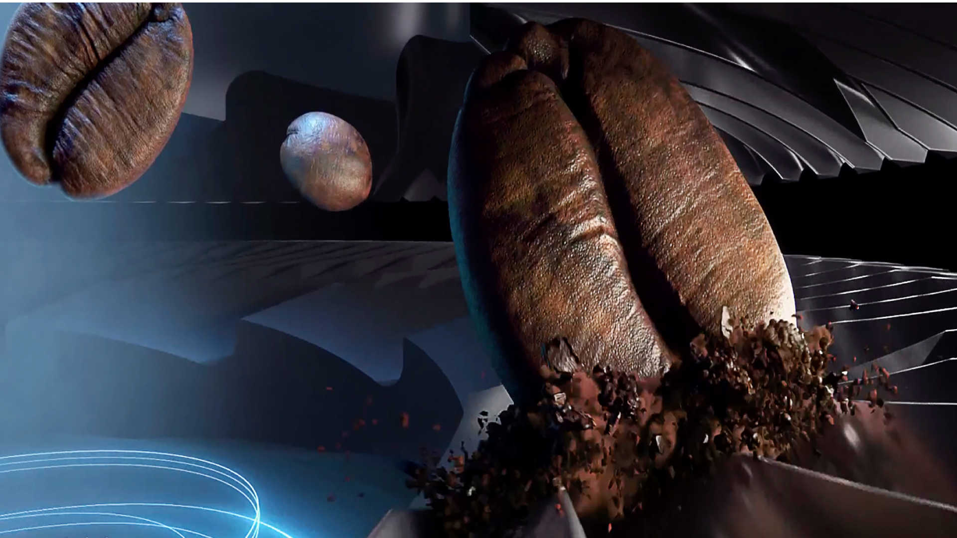 Drie bruine koffiebonen zweven, met gemalen koffie onder de grootste boon. Abstracte blauwe en zwarte achtergrond.