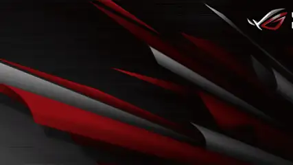 Abstracte achtergrond met grijze en rode vormen op een zwarte achtergrond, met het Republic of Gamers logo.