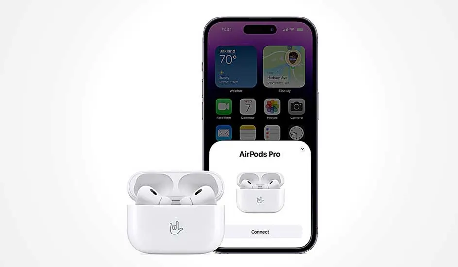 An iPhone displays its home screen as a pairing pop-up for AirPods Pro, with the white charging case in front.
