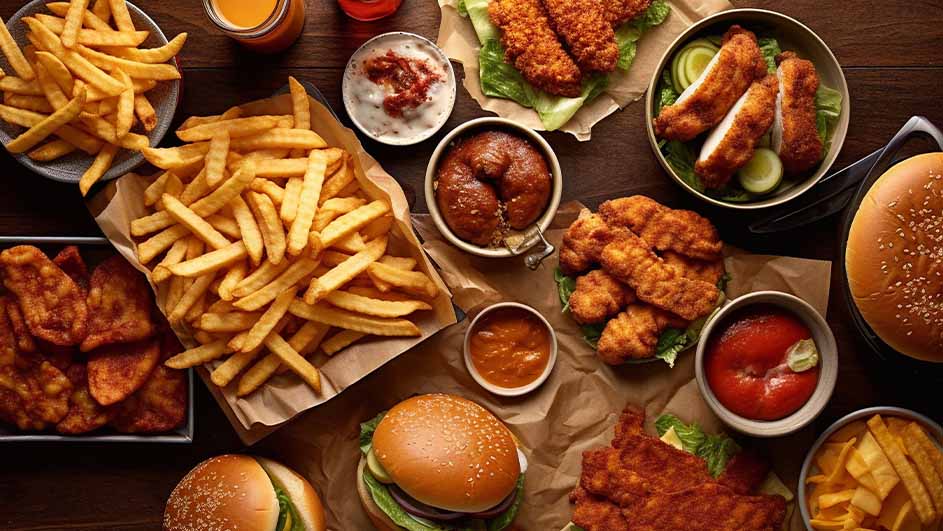 Een tafel met hamburgers, friet, kipstukken en diverse dipsauzen in kommen en bakjes.