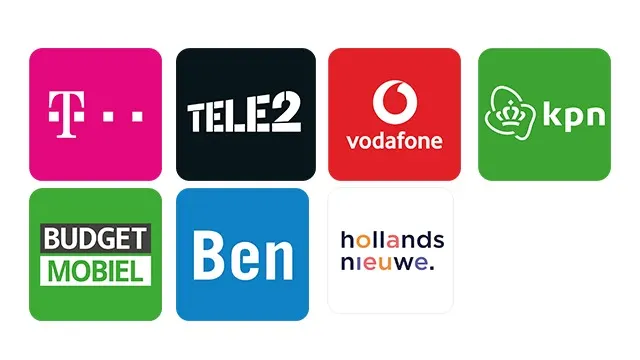 Verschillende logo's van telecombedrijven zoals T-Mobile, Tele2, Vodafone, KPN, Budget Mobiel, Ben en Hollandsnieuwe.