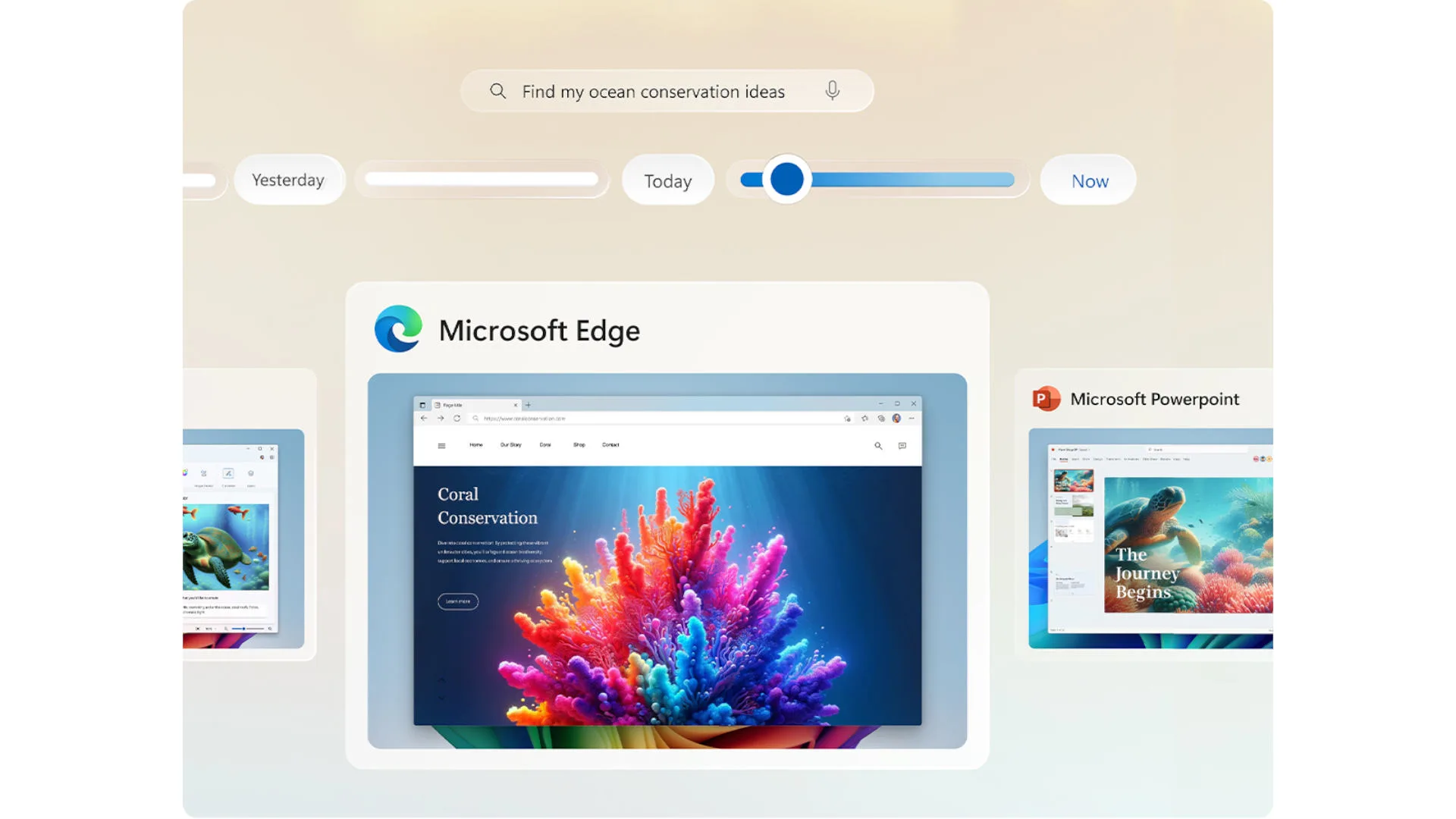 Zoekbalk toont 'oceaan ideeën'. Tijdlijn van 'Gisteren' tot 'Nu'. Microsoft Edge met koraal afbeelding, PowerPoint met schildpad.