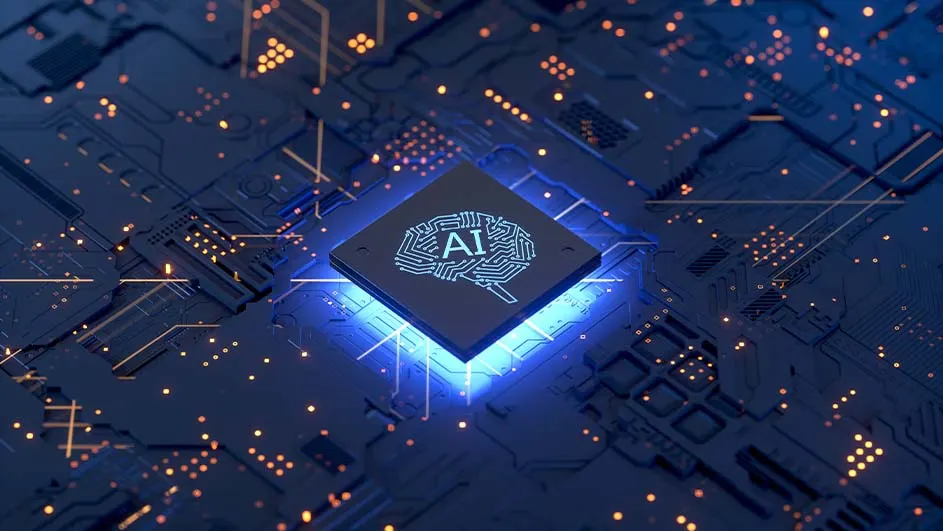 Een blauw circuitbord met een vierkante chip in het midden, waarop een hersenmotief met de letters "AI" staat.