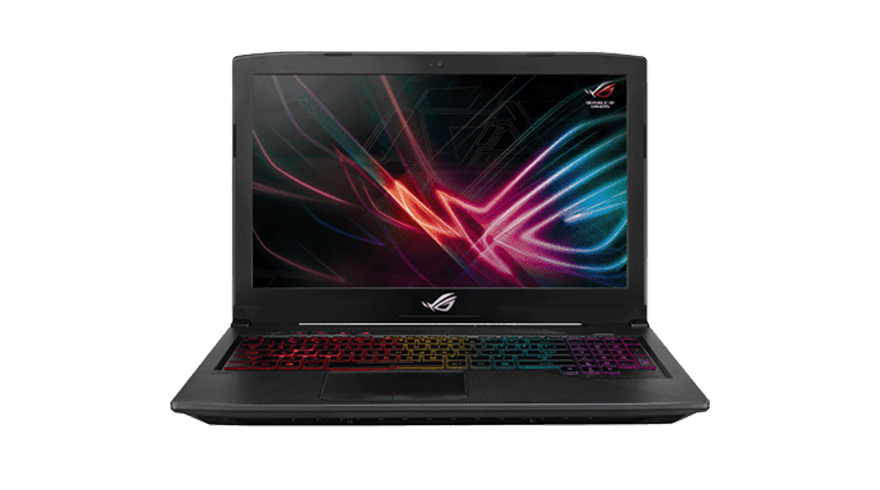 Een zwarte laptop is opengeklapt, met een scherm dat een kleurrijke abstracte afbeelding toont en een toetsenbord met veelkleurige toetsen.