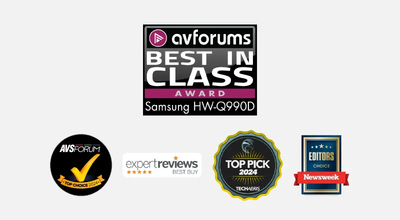 Verschillende awards en beoordelingen van AVForums, Expert Reviews, TechAeris, en Newsweek. De Samsung HW-Q990D soundbar is bekroond.