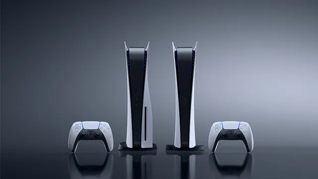 Two PlayStation 5 consoles (one with disc drive, one without) are lined up, each with a matching white controller in front.