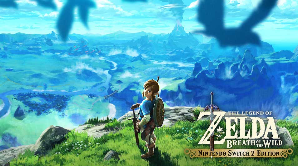 Een personage met zwaard en schild staat voor een blauw landschap met bergen, onder het Zelda logo.