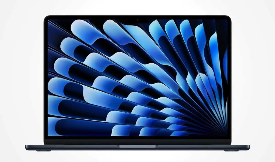 Dunne laptop recht van voren, scherm met dynamisch blauw patroon van waaiervormige stroken die diagonaal naar rechts beneden uitwaaieren.