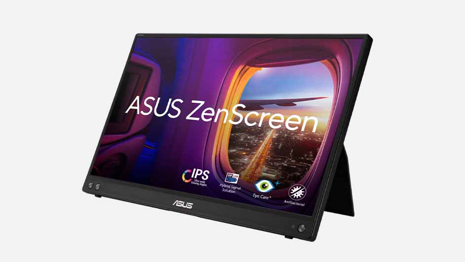 Een zwarte ASUS ZenScreen monitor staat op een witte achtergrond met een vliegtuigraam op het scherm.