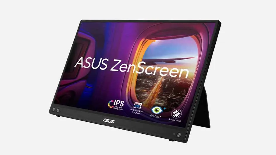 Een zwarte ASUS ZenScreen monitor staat op een witte achtergrond met een vliegtuigraam op het scherm.