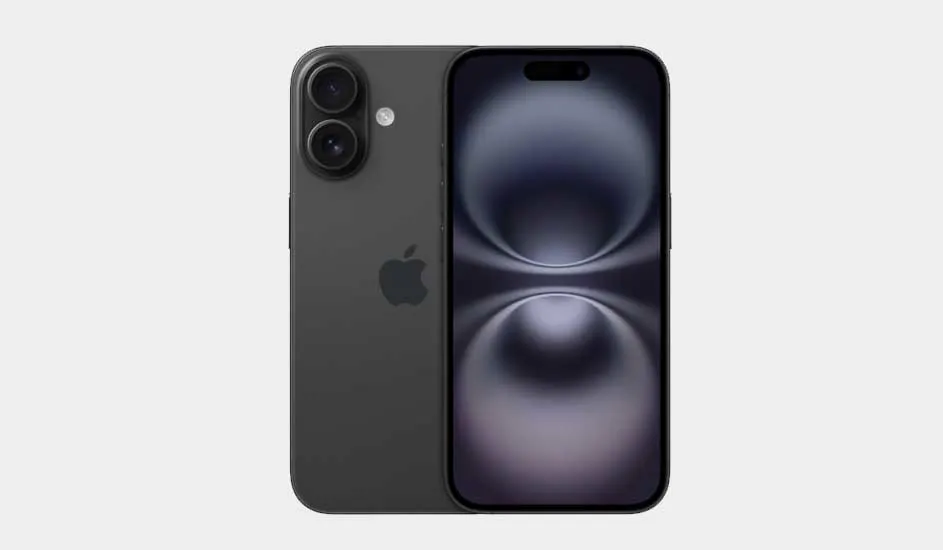 Een zwarte Apple iPhone 15 met groot display en twee camera’s aan de achterkant, modern en strak design met het Apple-logo zichtbaar.