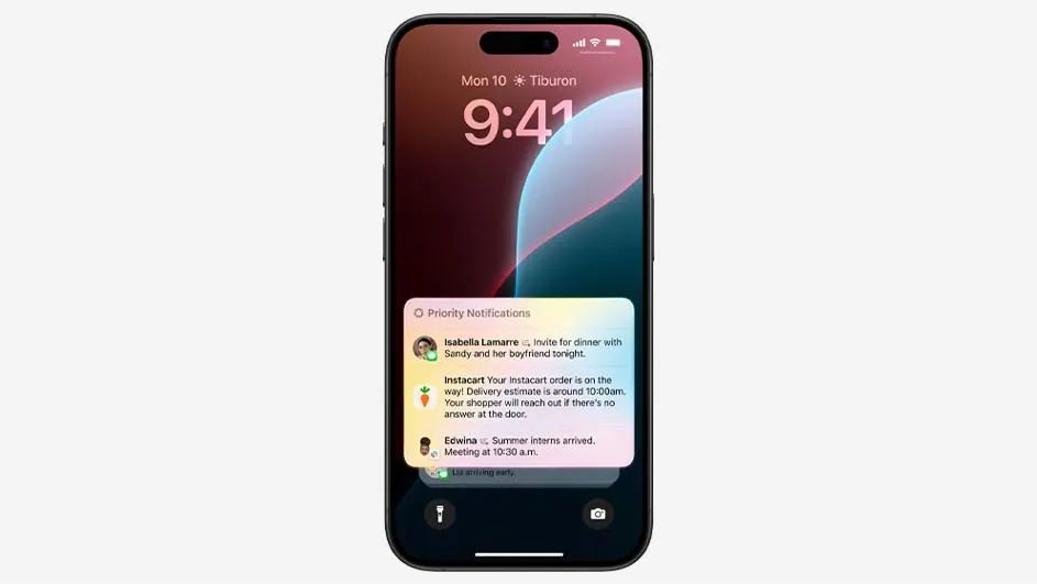 Zwarte smartphone met meldingen op het scherm tegen een effen achtergrond. De tijd is 9:41 en prioriteitsmeldingen worden weergegeven.