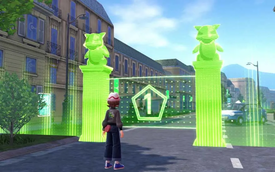 Speler kijkt naar een poort gemaakt van groen licht, versierd met Pokémonsilhouetten en het cijfer “1”, stedelijke omgeving.
