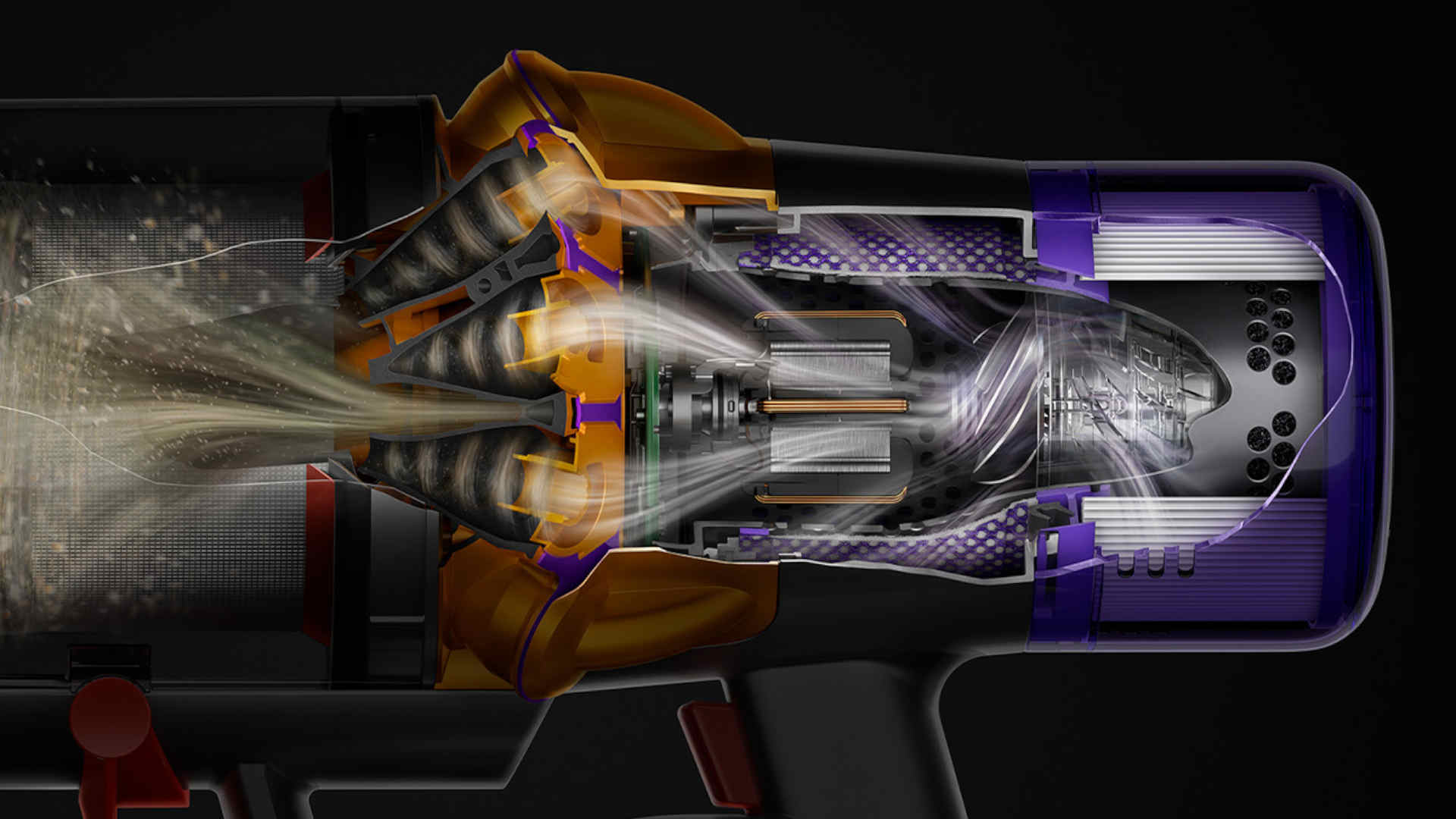 Doorsnede van een Dyson stofzuiger, toont interne componenten in goud, paars en zwart. Luchtstroom is zichtbaar.