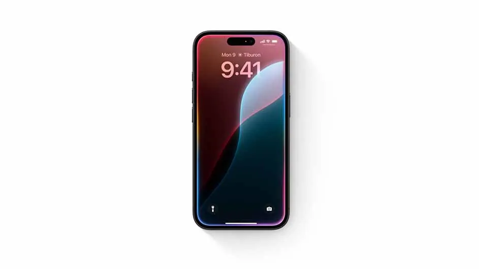 Zwarte smartphone met een scherm waarop de tijd 9:41 staat, met een abstracte achtergrond van rode en blauwe tinten.