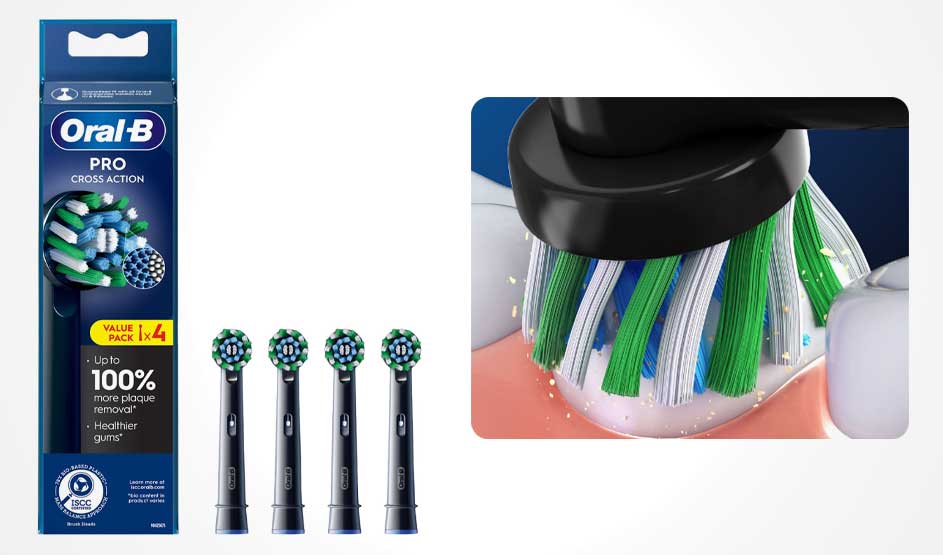 Oral-B Pro Cross Action replacement brush heads in packaging with four black-handled brushes and close-up of green bristles.