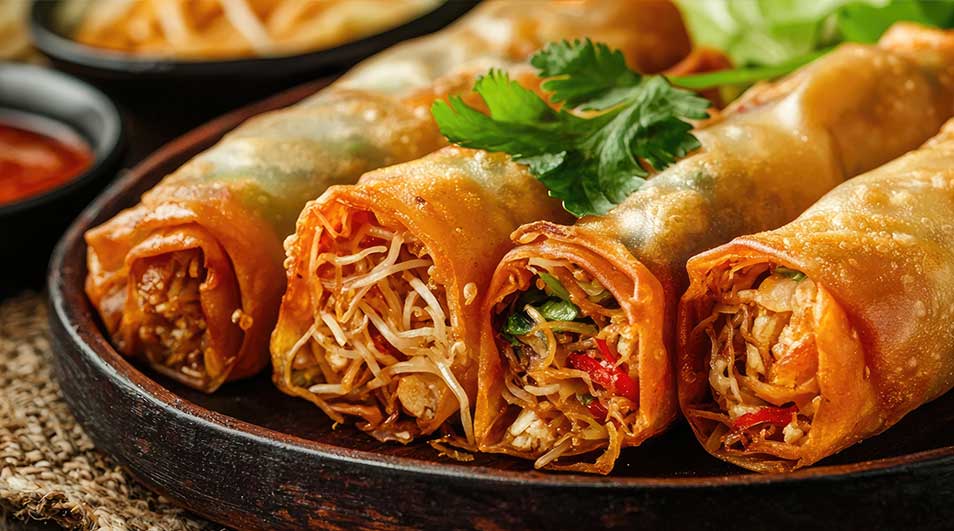 Vier loempia's liggen op een donker bord, gevuld met noodles en groenten, gegarneerd met groene kruiden. Saus in zwarte kom op de achtergrond.