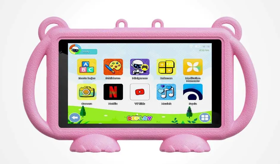Een roze DEPLAY kindertablet met stevige hoes toont kleurrijke educatieve apps, spelletjes en Netflix op het startscherm. Merk: DEPLAY.