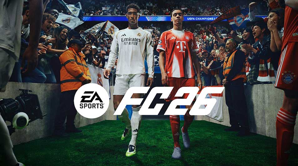 EA Sports FC26 logo featuring Real Madrid and Bayern Munich players in Champions League stadium packed with fans