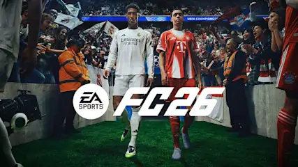 EA Sports FC26 logo featuring Real Madrid and Bayern Munich players in Champions League stadium packed with fans
