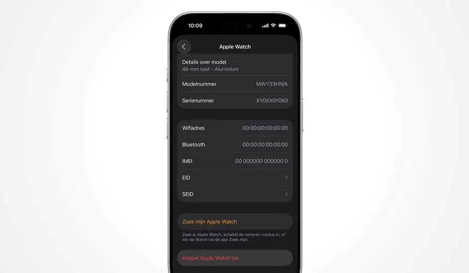 An iPhone shows a dark Apple Watch settings screen with model, serial, network details and options for Find My Watch and unpairing.