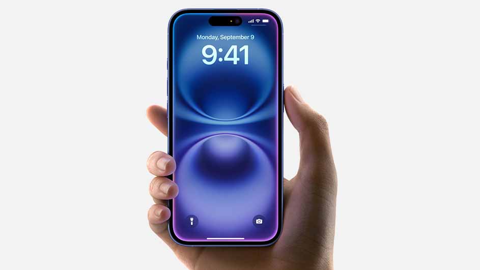Hand houdt een iPhone met een blauw scherm. De tijd is 9:41, maandag 9 september.
