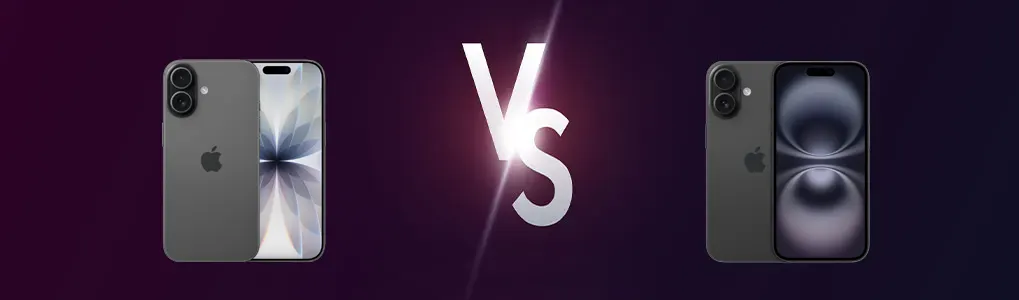 Twee smartphones tegenover elkaar met een grote “VS” in het midden, vergelijking van twee modellen.
