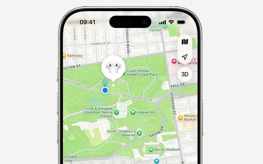 Smartphone toont een kaart met een groot stadspark en een pictogram van oordopjes, waarmee de precieze locatie van het apparaat wordt weergegeven.