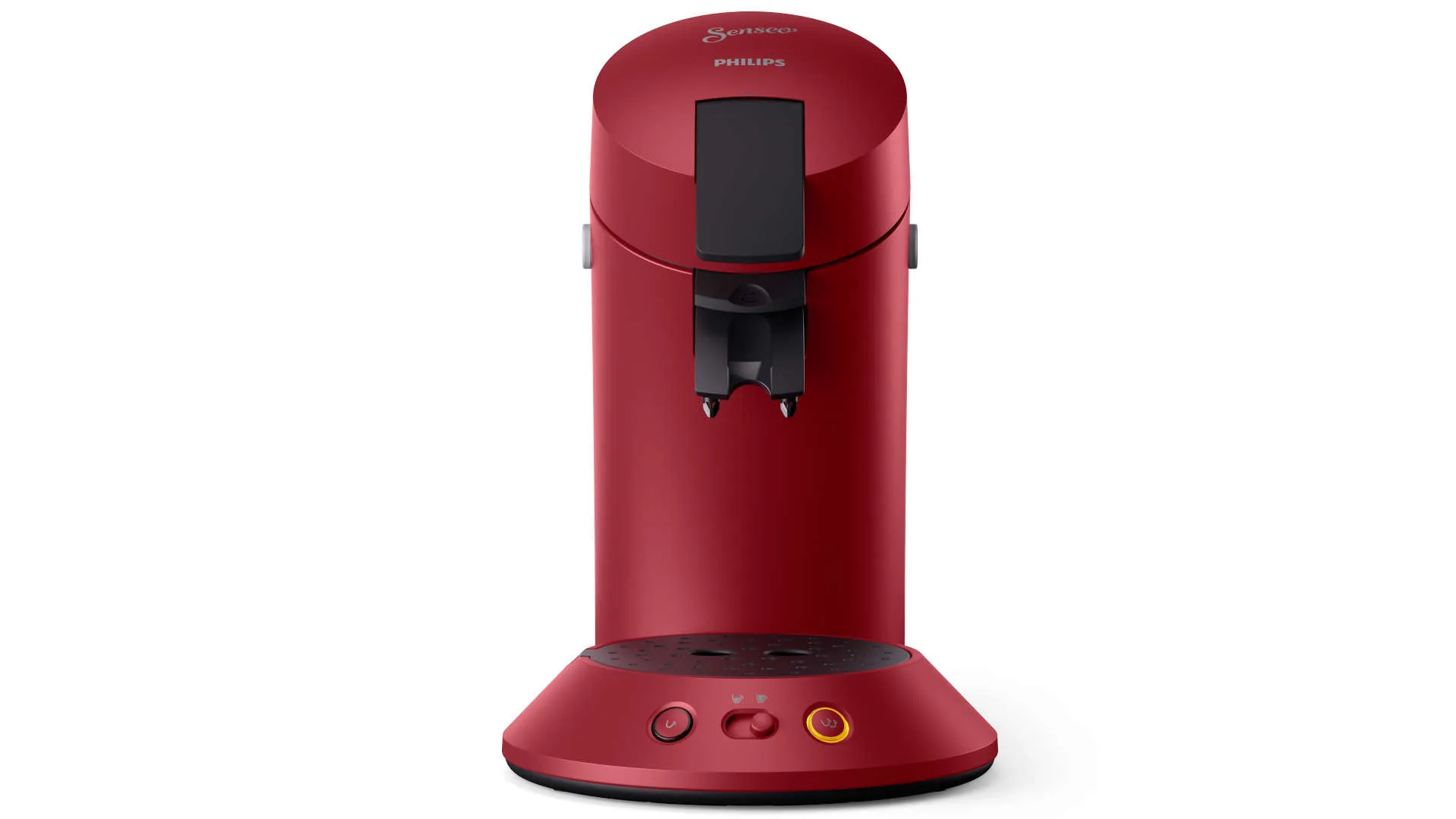 Een rode Senseo koffiemachine staat op een witte achtergrond. Het apparaat heeft knoppen op de basis.